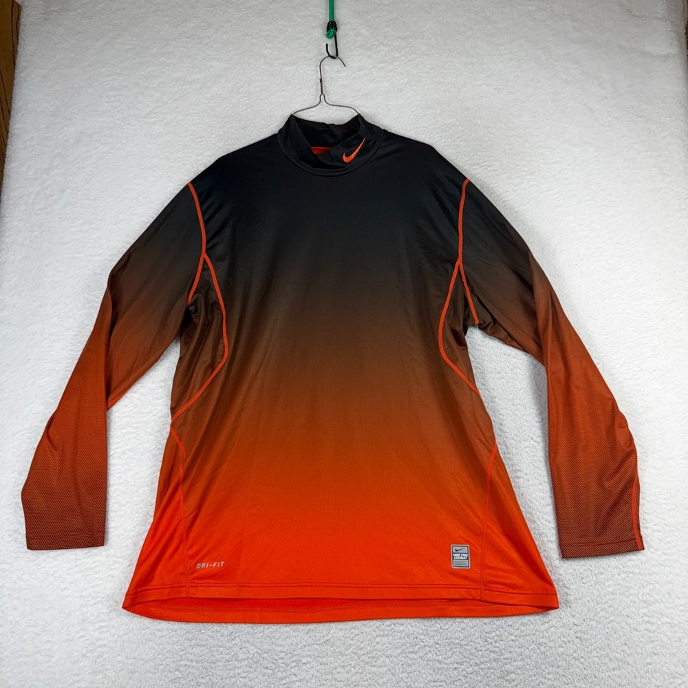 Nike Pro Combat Shirt Men XXL Red Black Ombre Dip Dye Mock Neck Long Sleeve